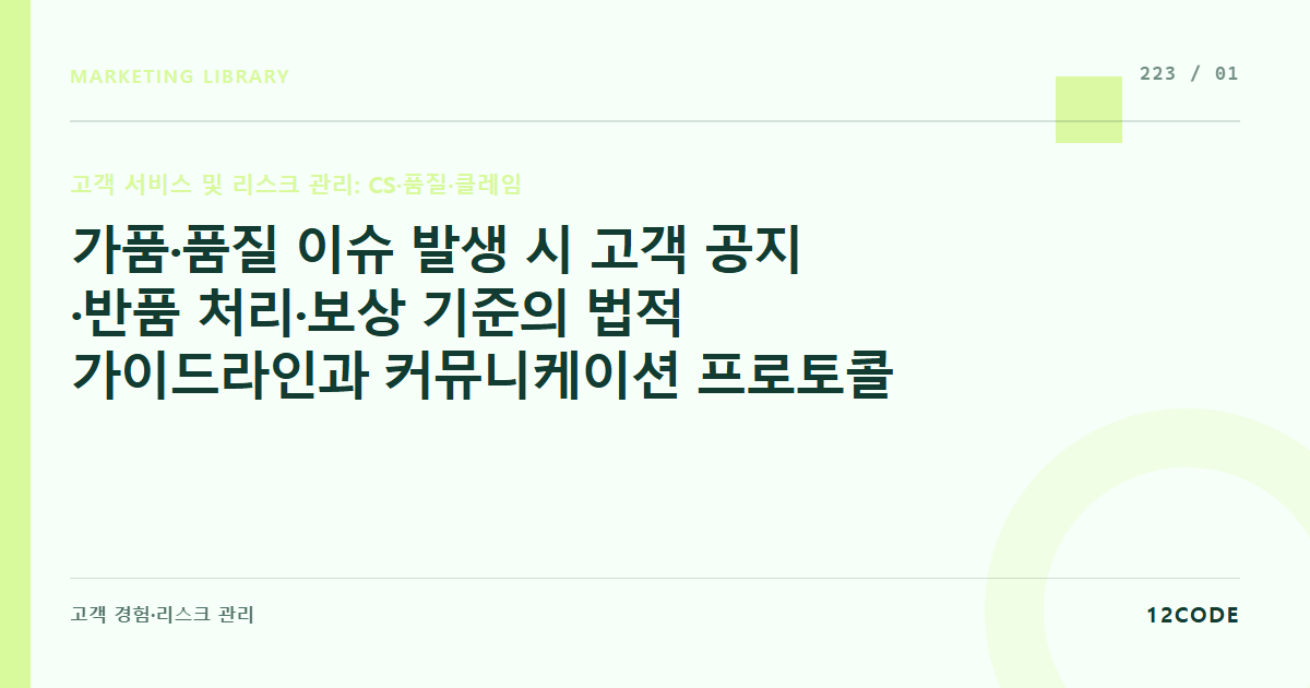 12code 라이브러리 아티클 표지. 가품·품질 이슈 발생 시 고객 공지·반품 처리·보상 기준의 법적 가이드라인과 커뮤니케이션 프로토콜