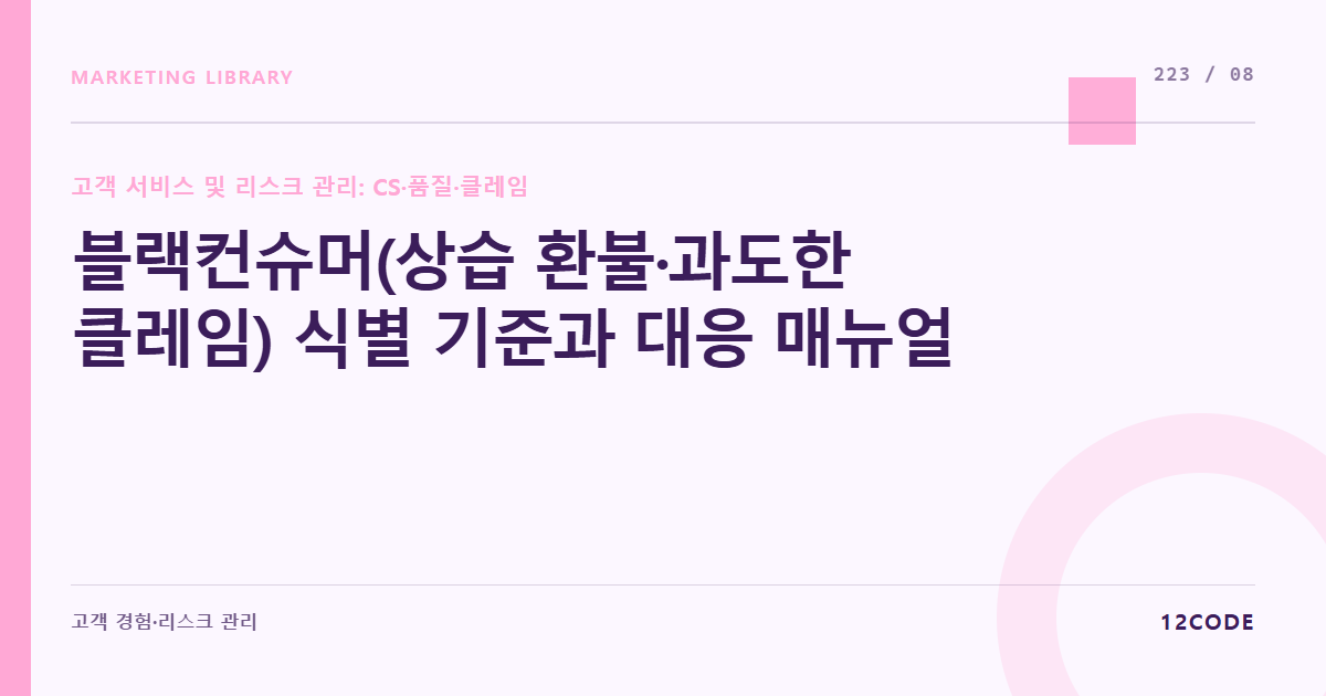 12code 라이브러리 아티클 표지. 블랙컨슈머(상습 환불·과도한 클레임) 식별 기준과 대응 매뉴얼