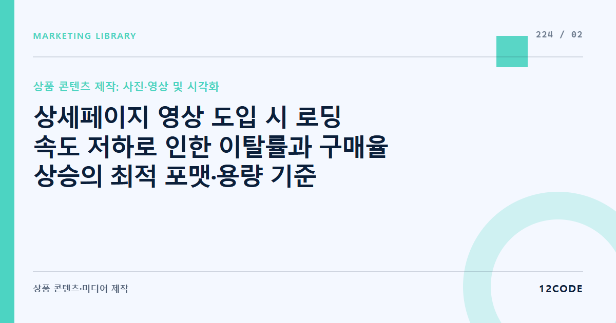 12code 라이브러리 아티클 표지. 상세페이지 영상 도입 시 로딩 속도 저하로 인한 이탈률과 구매율 상승의 최적 포맷·용량 기준