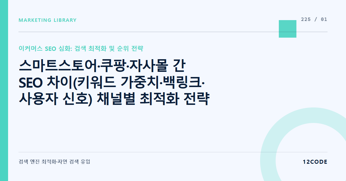 12code 라이브러리 아티클 표지. 스마트스토어·쿠팡·자사몰 간 SEO 차이(키워드 가중치·백링크·사용자 신호) 채널별 최적화 전략