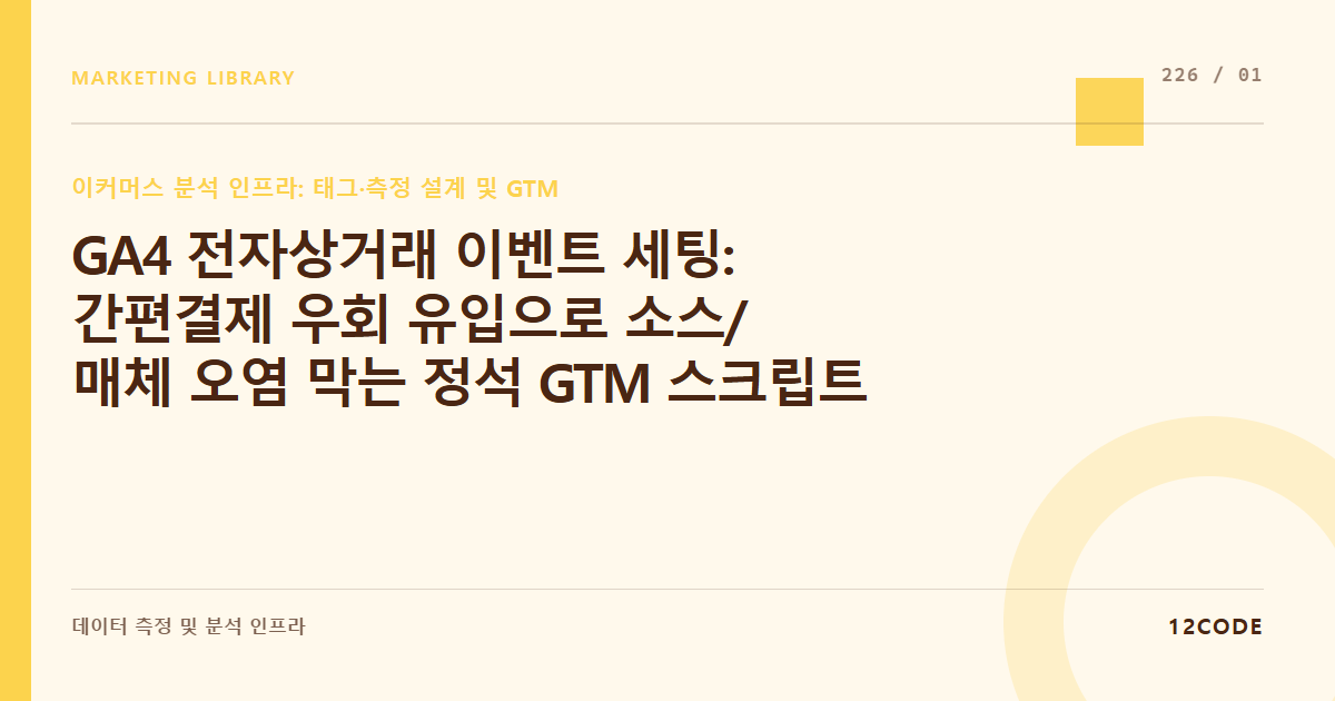 12code 라이브러리 아티클 표지. GA4 전자상거래 이벤트 세팅: 간편결제 우회 유입으로 소스/매체 오염 막는 정석 GTM 스크립트