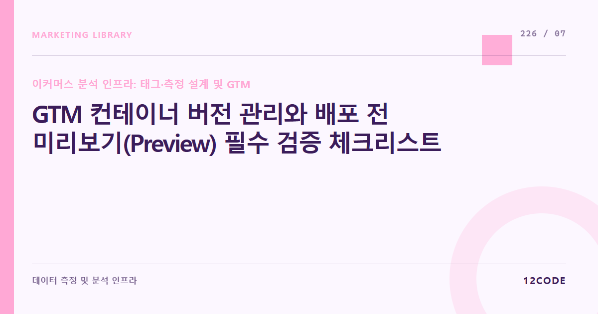 12code 라이브러리 아티클 표지. GTM 컨테이너 버전 관리와 배포 전 미리보기(Preview) 필수 검증 체크리스트