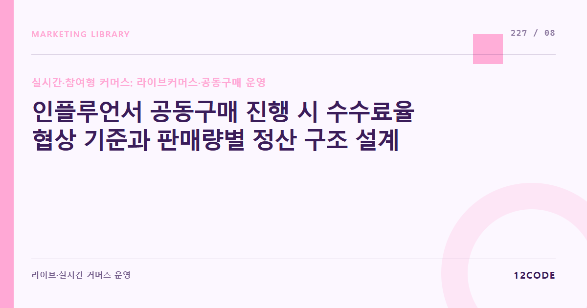 12code 라이브러리 아티클 표지. 인플루언서 공동구매 진행 시 수수료율 협상 기준과 판매량별 정산 구조 설계