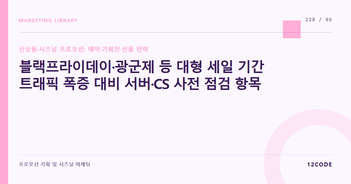 12code 라이브러리 아티클 표지. 블랙프라이데이·광군제 등 대형 세일 기간 트래픽 폭증 대비 서버·CS 사전 점검 항목