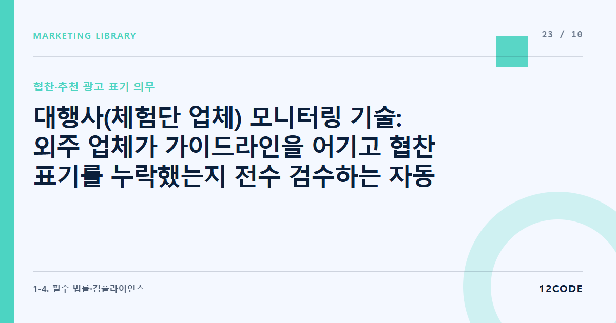 12code 라이브러리 아티클 표지. 대행사(체험단 업체) 모니터링 기술: 외주 업체가 가이드라인을 어기고 협찬 표기를 누락했는지 전수 검수하는 자동화 루틴
