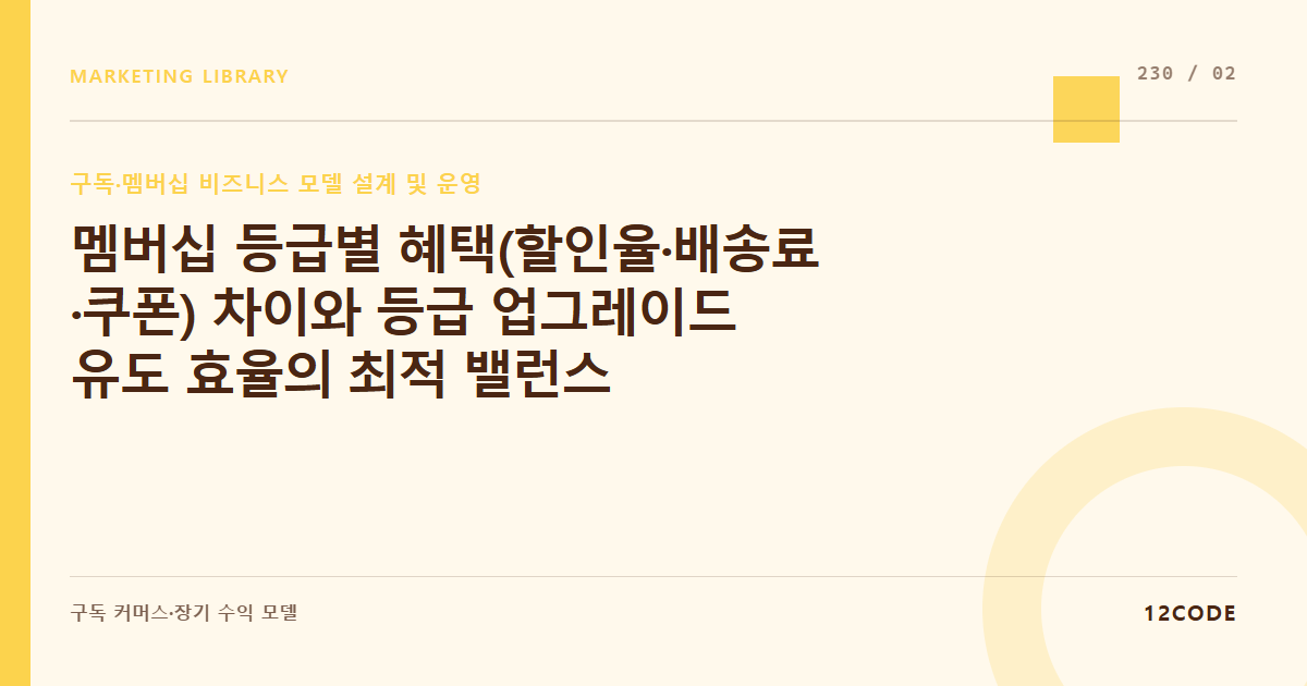 12code 라이브러리 아티클 표지. 멤버십 등급별 혜택(할인율·배송료·쿠폰) 차이와 등급 업그레이드 유도 효율의 최적 밸런스