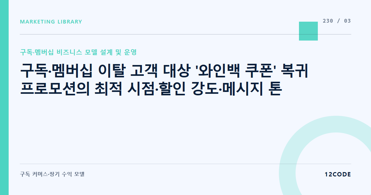 12code 라이브러리 아티클 표지. 구독·멤버십 이탈 고객 대상 '와인백 쿠폰' 복귀 프로모션의 최적 시점·할인 강도·메시지 톤