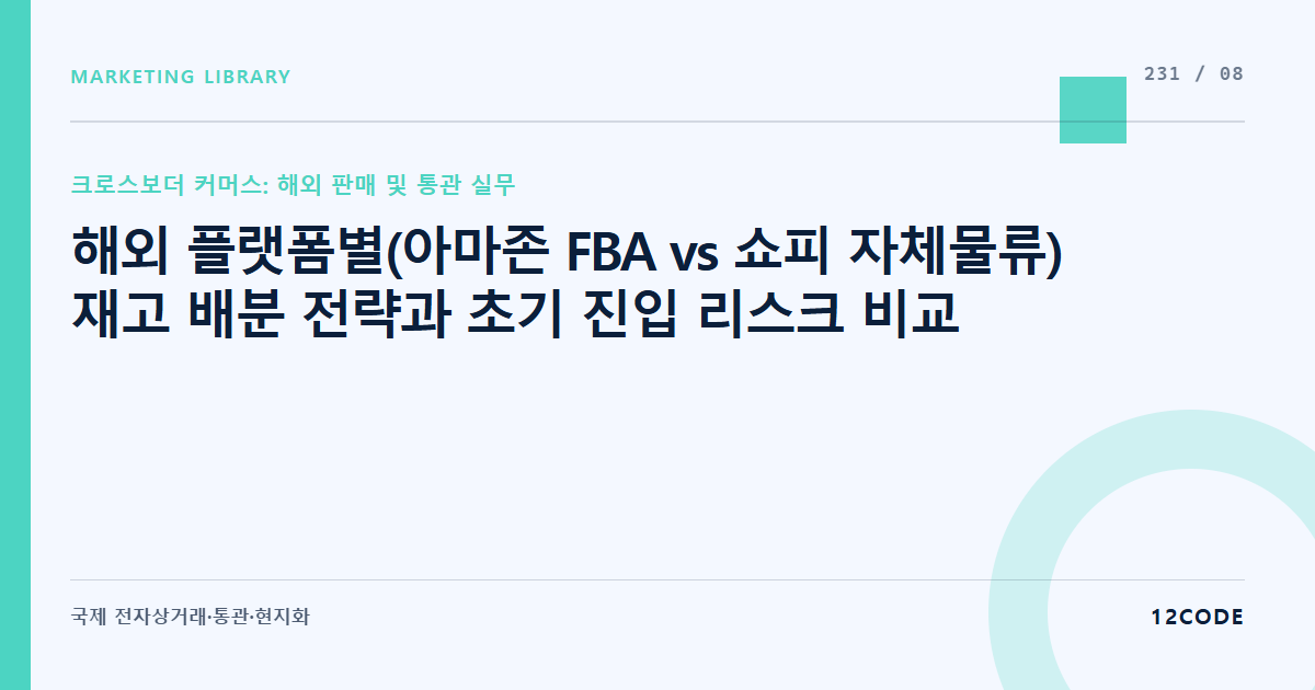 12code 라이브러리 아티클 표지. 해외 플랫폼별(아마존 FBA vs 쇼피 자체물류) 재고 배분 전략과 초기 진입 리스크 비교