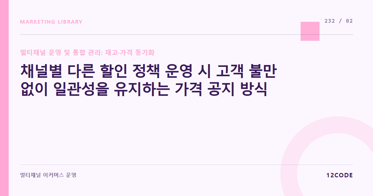 12code 라이브러리 아티클 표지. 채널별 다른 할인 정책 운영 시 고객 불만 없이 일관성을 유지하는 가격 공지 방식