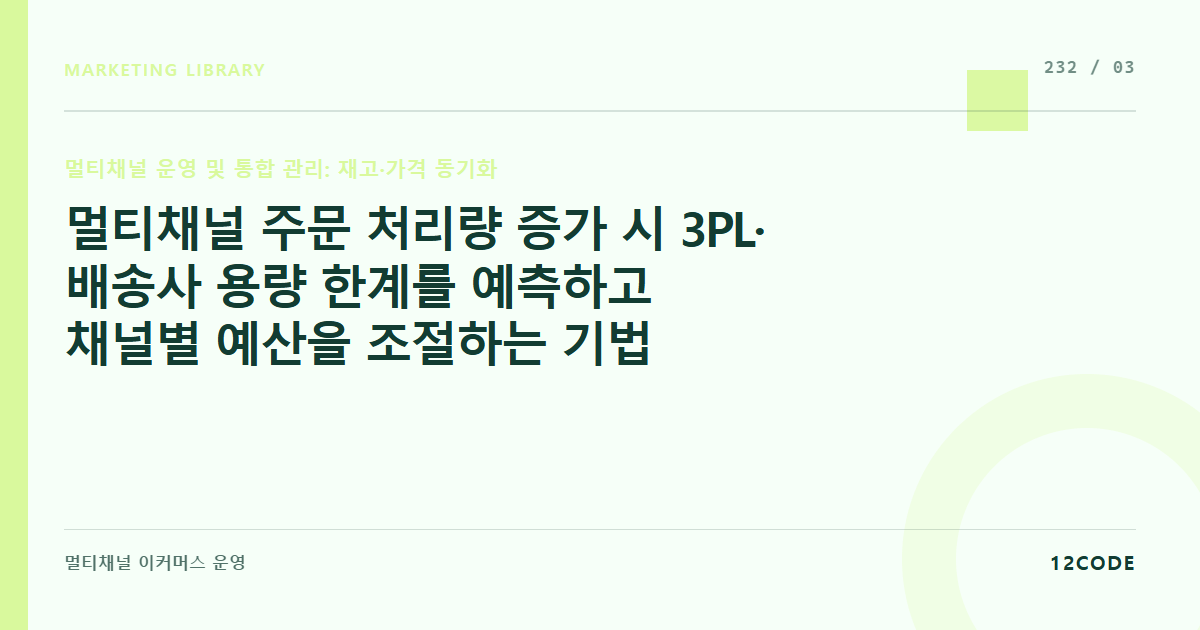 12code 라이브러리 아티클 표지. 멀티채널 주문 처리량 증가 시 3PL·배송사 용량 한계를 예측하고 채널별 예산을 조절하는 기법