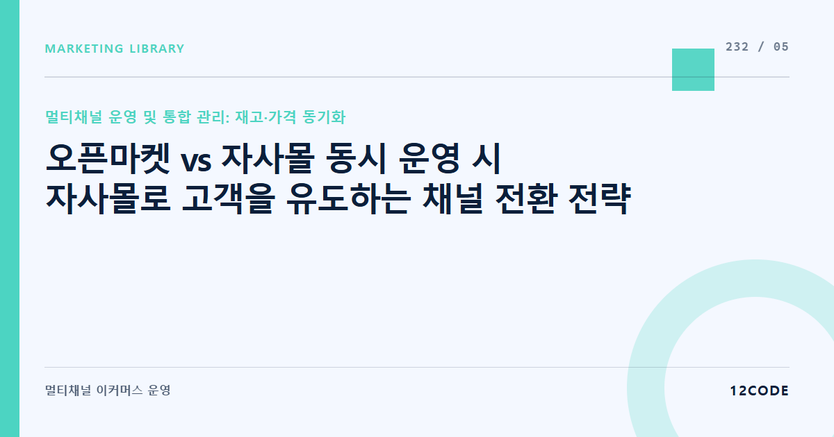 12code 라이브러리 아티클 표지. 오픈마켓 vs 자사몰 동시 운영 시 자사몰로 고객을 유도하는 채널 전환 전략