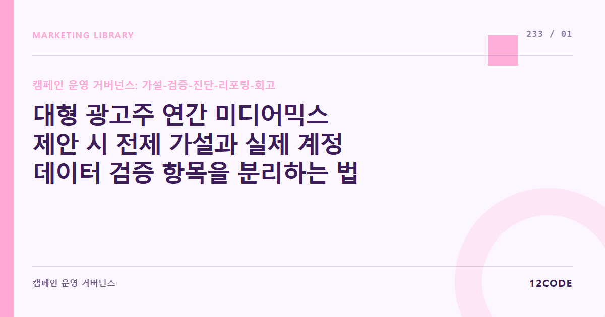 12code 라이브러리 아티클 표지. 대형 광고주 연간 미디어믹스 제안 시 전제 가설과 실제 계정 데이터 검증 항목을 분리하는 법