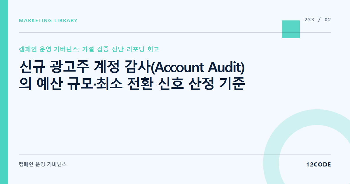 12code 라이브러리 아티클 표지. 신규 광고주 계정 감사(Account Audit)의 예산 규모·최소 전환 신호 산정 기준