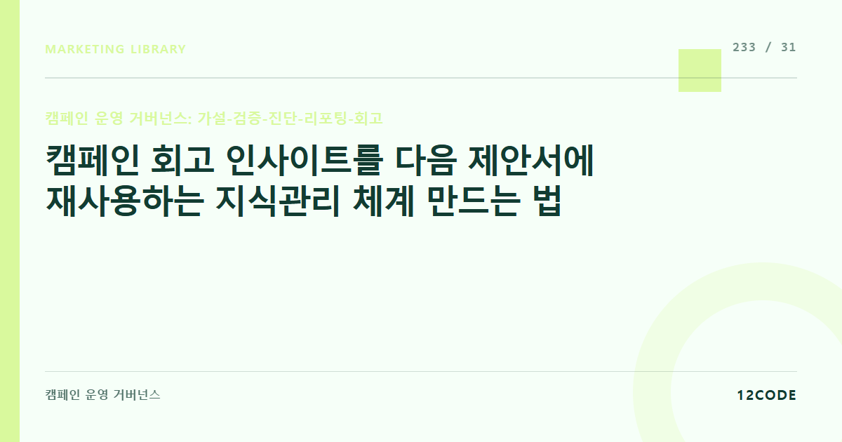 12code 라이브러리 아티클 표지. 캠페인 회고 인사이트를 다음 제안서에 재사용하는 지식관리 체계 만드는 법