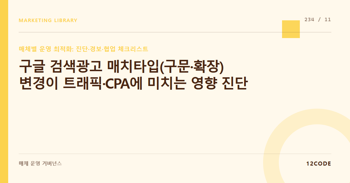 12code 라이브러리 아티클 표지. 구글 검색광고 매치타입(구문·확장) 변경이 트래픽·CPA에 미치는 영향 진단