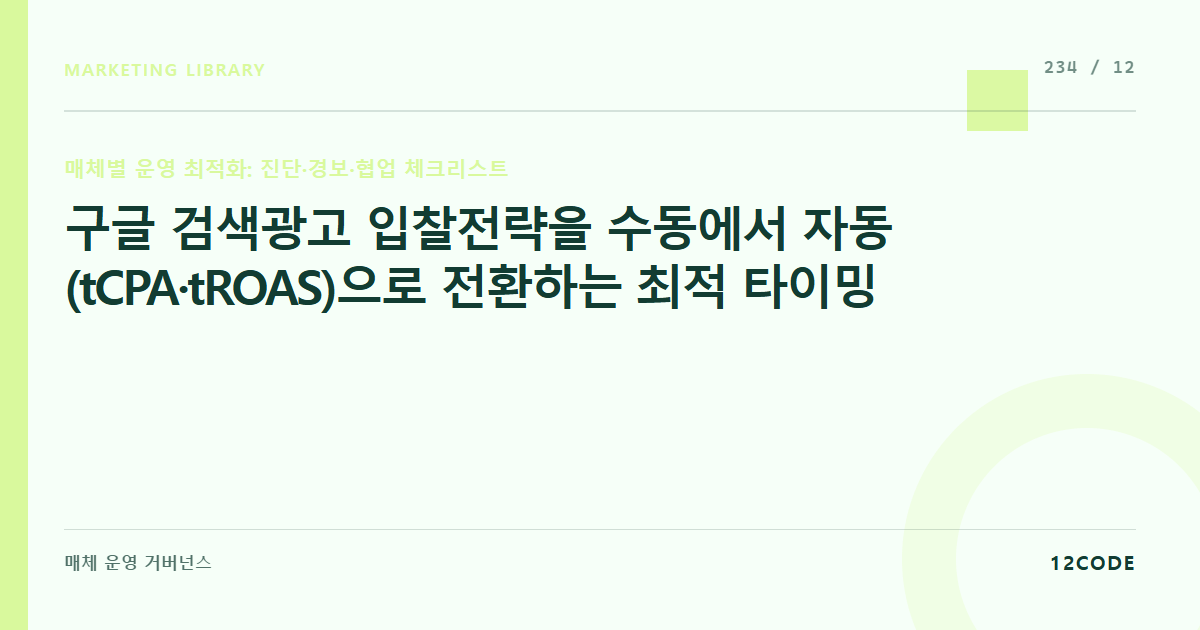 12code 라이브러리 아티클 표지. 구글 검색광고 입찰전략을 수동에서 자동(tCPA·tROAS)으로 전환하는 최적 타이밍