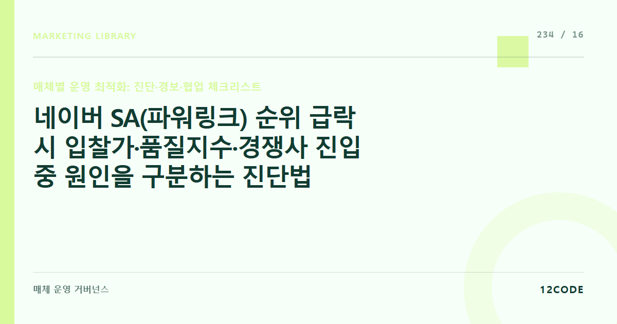 12code 라이브러리 아티클 표지. 네이버 SA(파워링크) 순위 급락 시 입찰가·품질지수·경쟁사 진입 중 원인을 구분하는 진단법