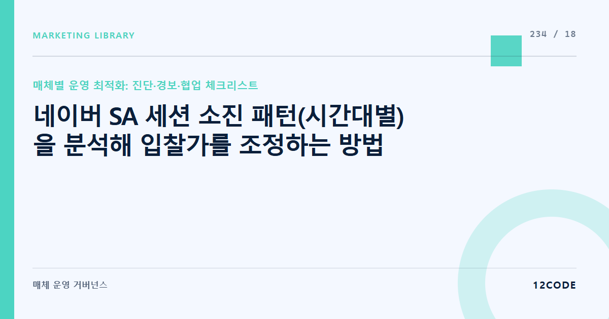 12code 라이브러리 아티클 표지. 네이버 SA 세션 소진 패턴(시간대별)을 분석해 입찰가를 조정하는 방법