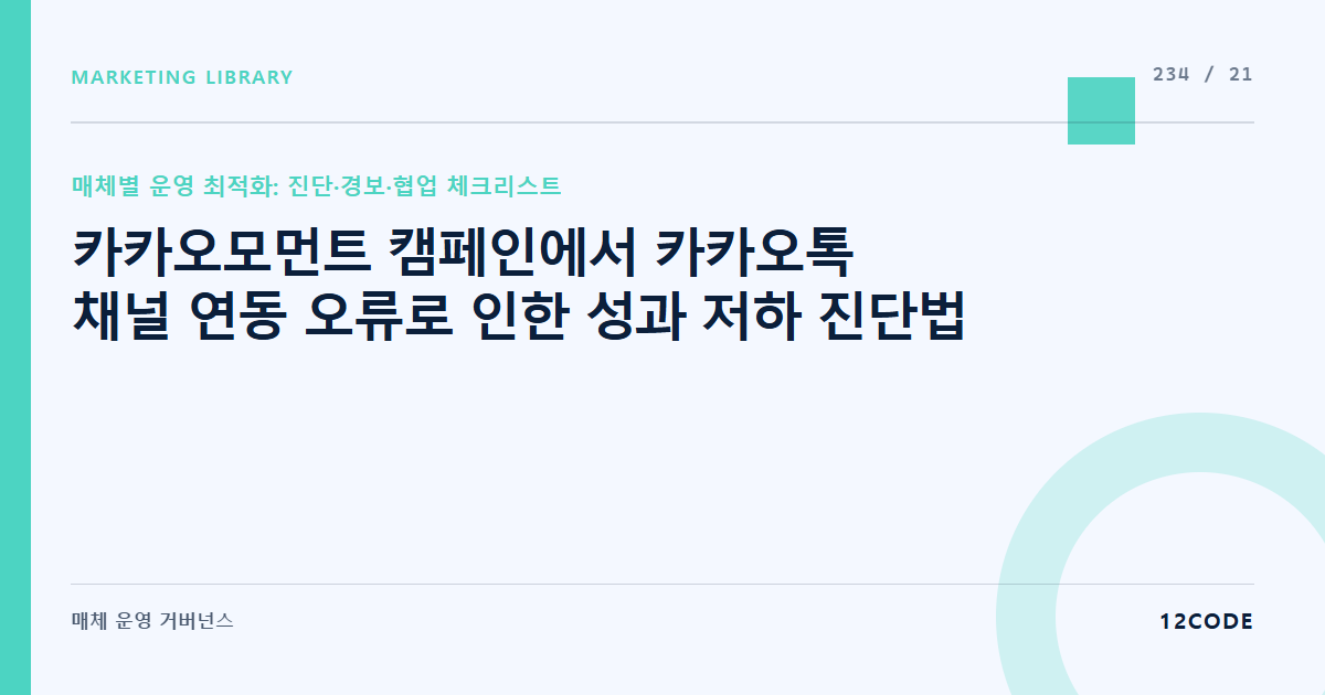12code 라이브러리 아티클 표지. 카카오모먼트 캠페인에서 카카오톡 채널 연동 오류로 인한 성과 저하 진단법