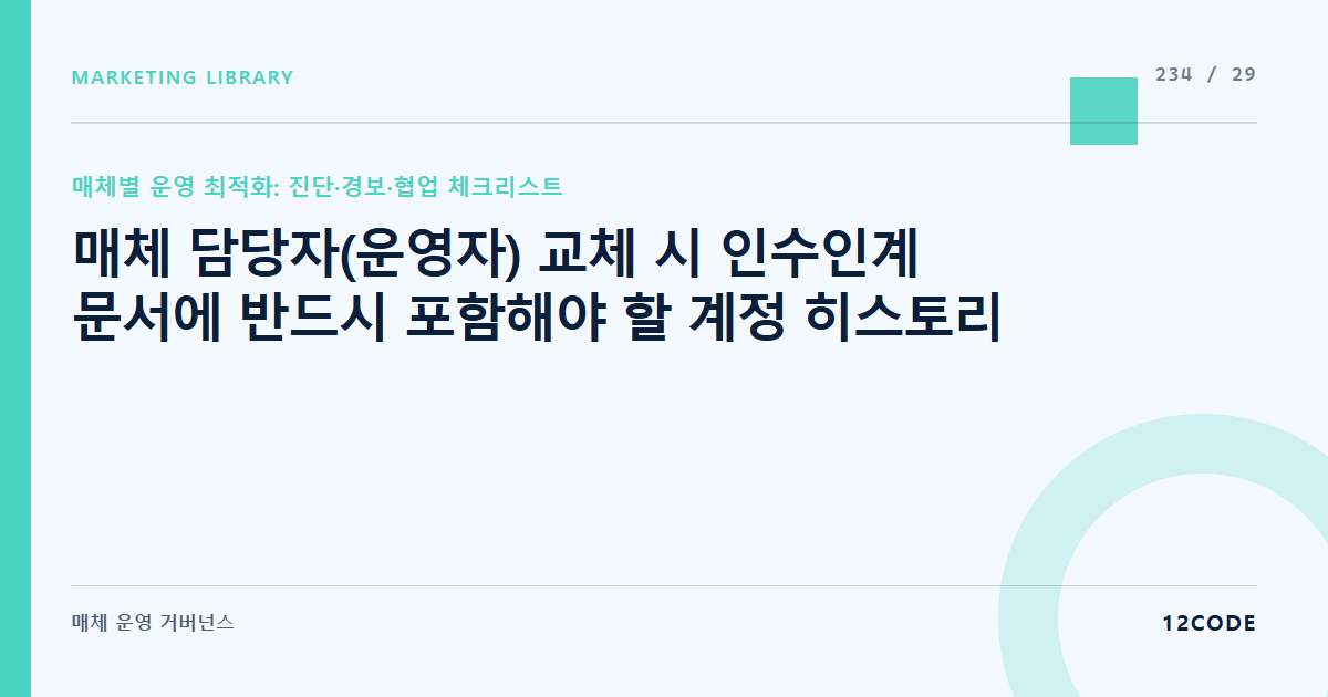 12code 라이브러리 아티클 표지. 매체 담당자(운영자) 교체 시 인수인계 문서에 반드시 포함해야 할 계정 히스토리