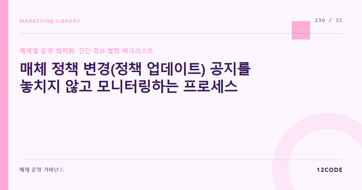 12code 라이브러리 아티클 표지. 매체 정책 변경(정책 업데이트) 공지를 놓치지 않고 모니터링하는 프로세스