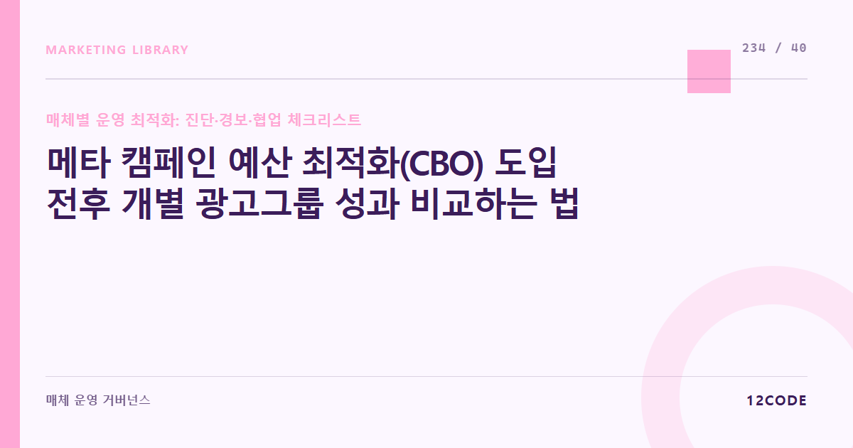12code 라이브러리 아티클 표지. 메타 캠페인 예산 최적화(CBO) 도입 전후 개별 광고그룹 성과 비교하는 법