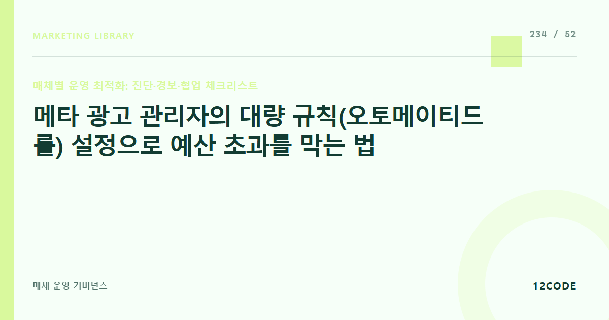 12code 라이브러리 아티클 표지. 메타 광고 관리자의 대량 규칙(오토메이티드 룰) 설정으로 예산 초과를 막는 법