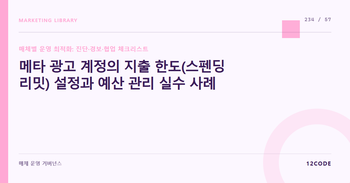 12code 라이브러리 아티클 표지. 메타 광고 계정의 지출 한도(스펜딩 리밋) 설정과 예산 관리 실수 사례