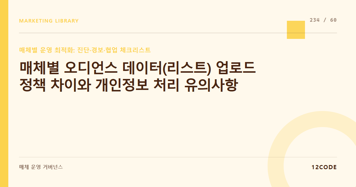 12code 라이브러리 아티클 표지. 매체별 오디언스 데이터(리스트) 업로드 정책 차이와 개인정보 처리 유의사항