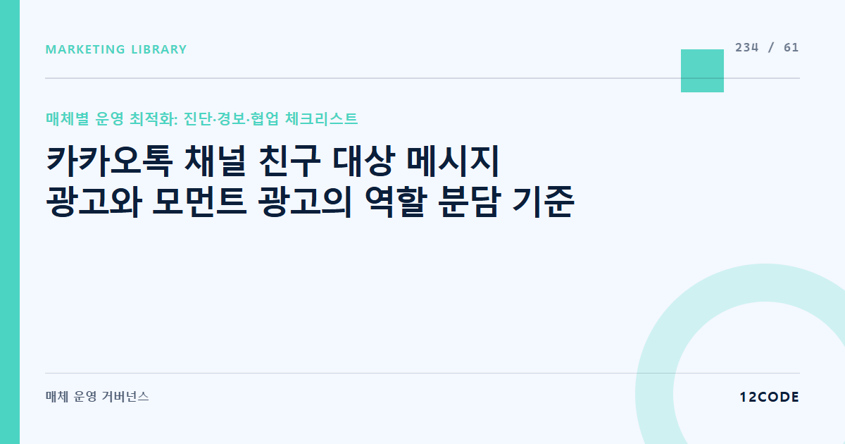 12code 라이브러리 아티클 표지. 카카오톡 채널 친구 대상 메시지 광고와 모먼트 광고의 역할 분담 기준