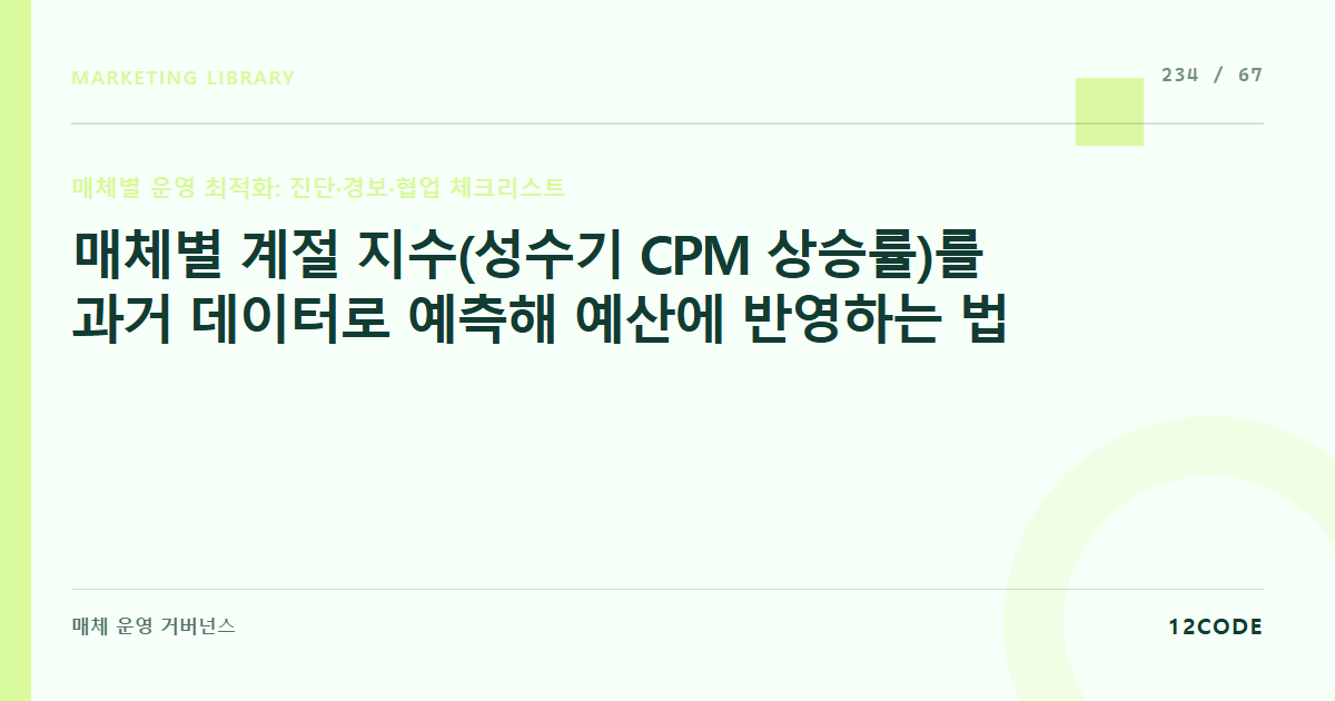 12code 라이브러리 아티클 표지. 매체별 계절 지수(성수기 CPM 상승률)를 과거 데이터로 예측해 예산에 반영하는 법