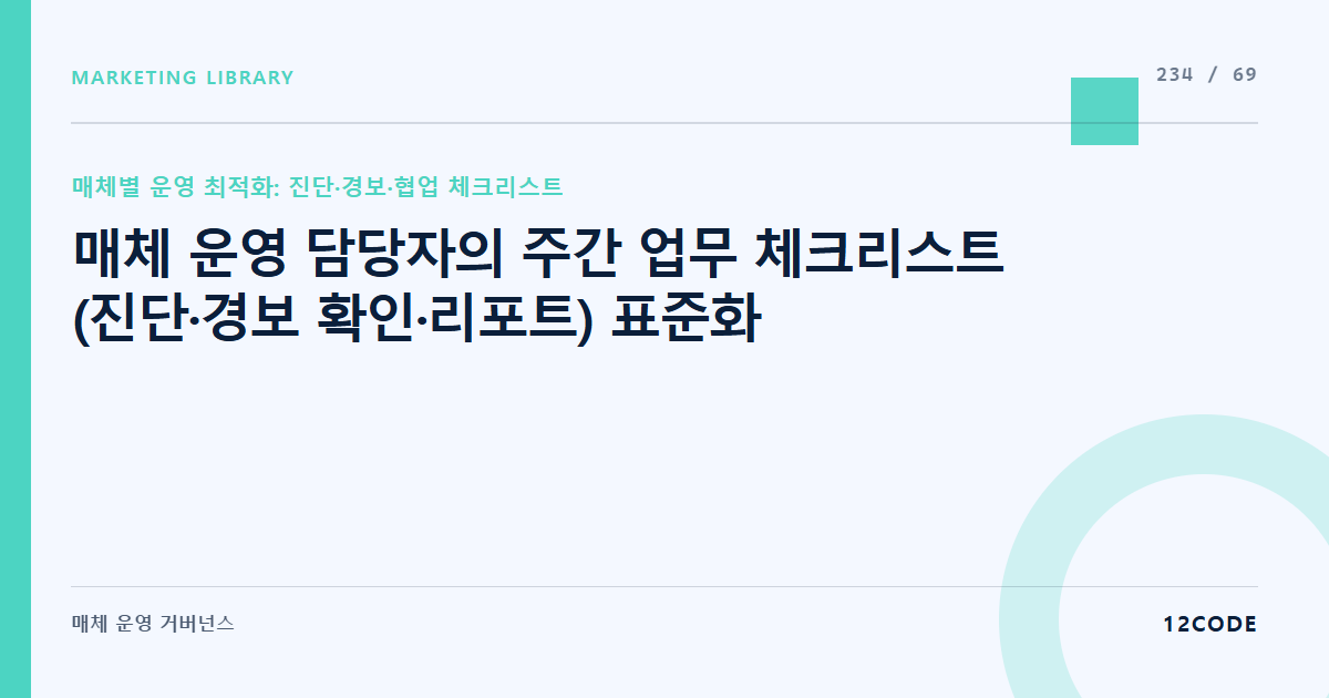 12code 라이브러리 아티클 표지. 매체 운영 담당자의 주간 업무 체크리스트(진단·경보 확인·리포트) 표준화