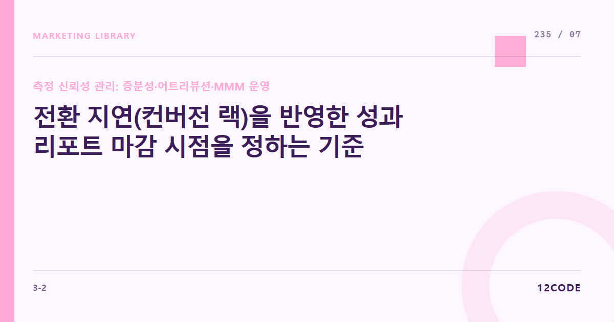 12code 라이브러리 아티클 표지. 전환 지연(컨버전 랙)을 반영한 성과 리포트 마감 시점을 정하는 기준