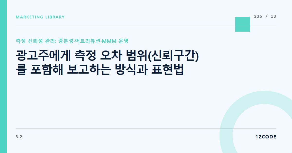 12code 라이브러리 아티클 표지. 광고주에게 측정 오차 범위(신뢰구간)를 포함해 보고하는 방식과 표현법