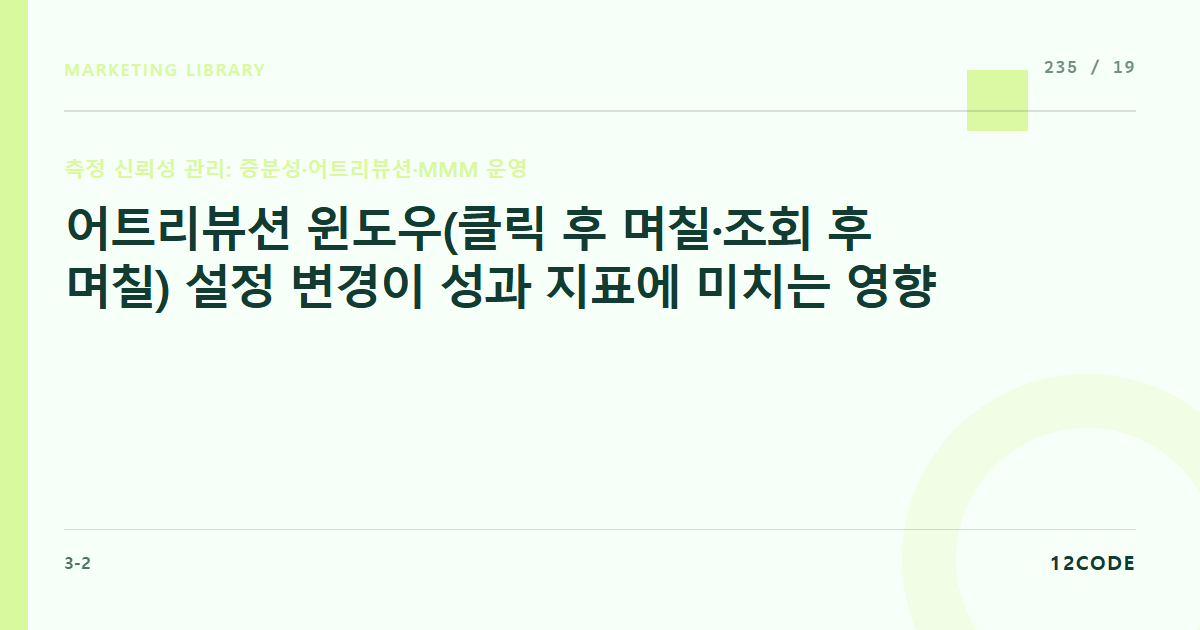 12code 라이브러리 아티클 표지. 어트리뷰션 윈도우(클릭 후 며칠·조회 후 며칠) 설정 변경이 성과 지표에 미치는 영향