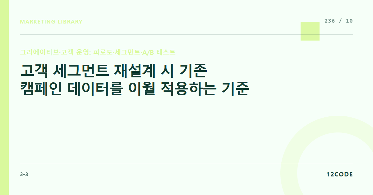 12code 라이브러리 아티클 표지. 고객 세그먼트 재설계 시 기존 캠페인 데이터를 이월 적용하는 기준