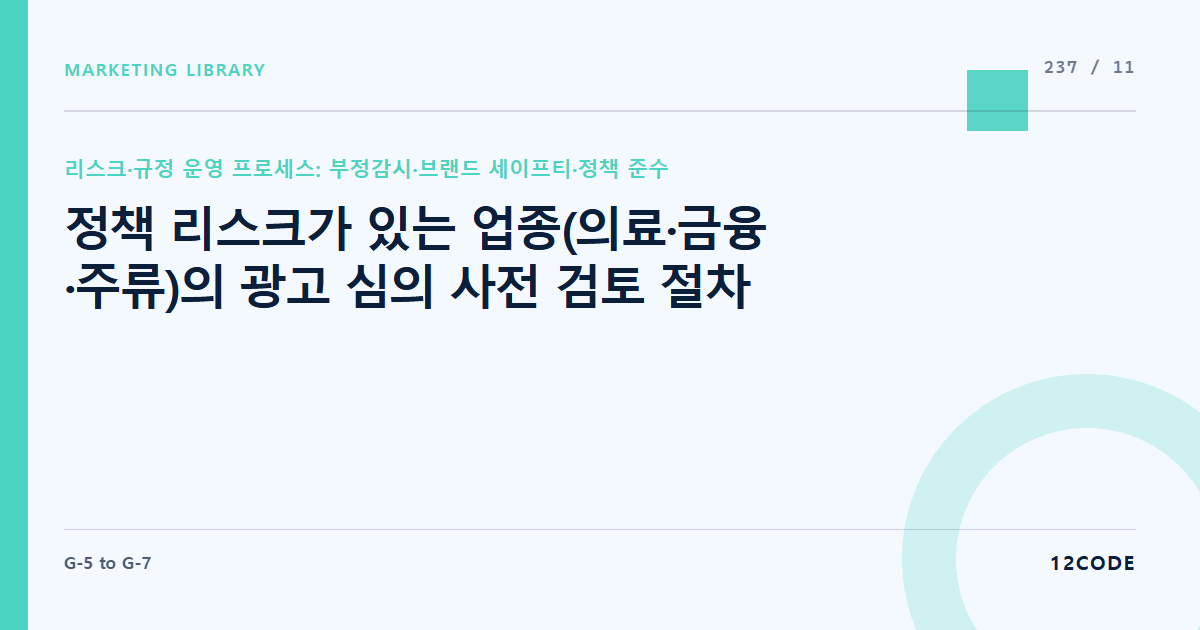 12code 라이브러리 아티클 표지. 정책 리스크가 있는 업종(의료·금융·주류)의 광고 심의 사전 검토 절차
