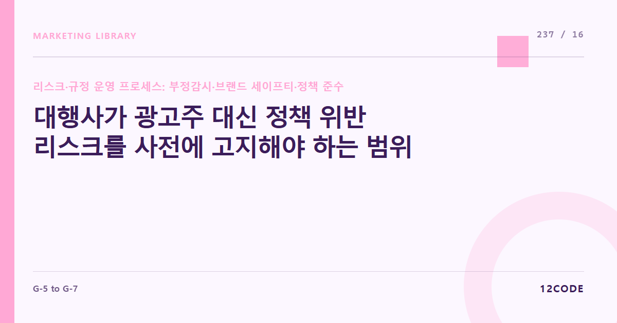 12code 라이브러리 아티클 표지. 대행사가 광고주 대신 정책 위반 리스크를 사전에 고지해야 하는 범위
