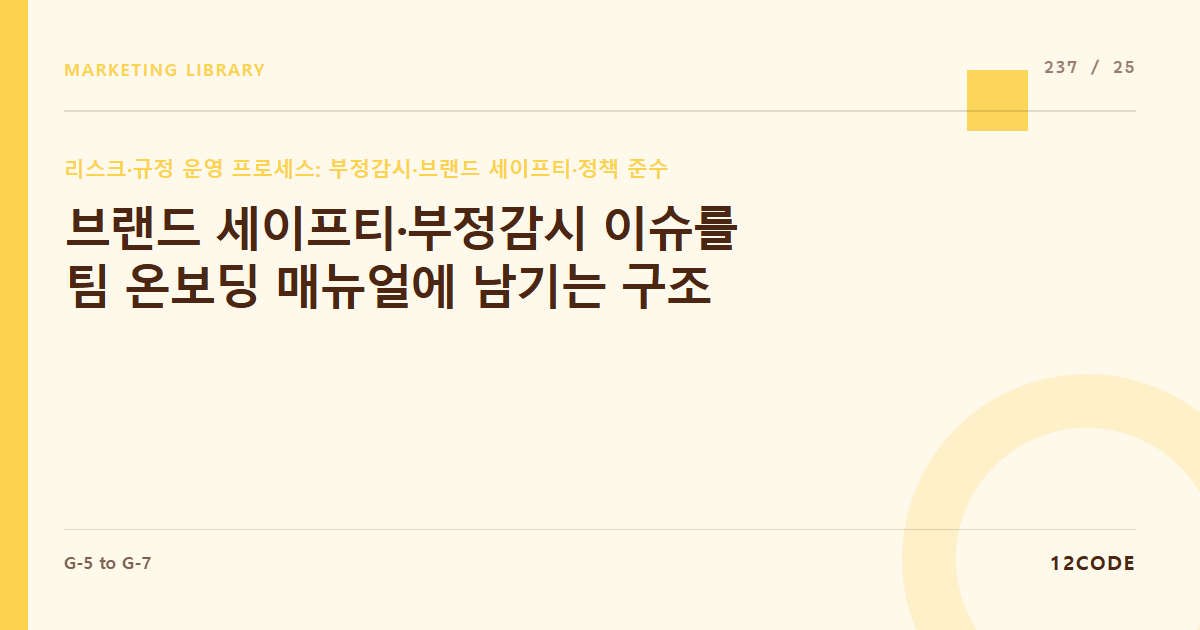 12code 라이브러리 아티클 표지. 브랜드 세이프티·부정감시 이슈를 팀 온보딩 매뉴얼에 남기는 구조