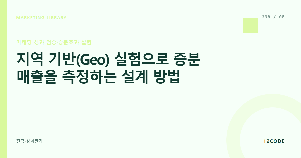 12code 라이브러리 아티클 표지. 지역 기반(Geo) 실험으로 증분 매출을 측정하는 설계 방법
