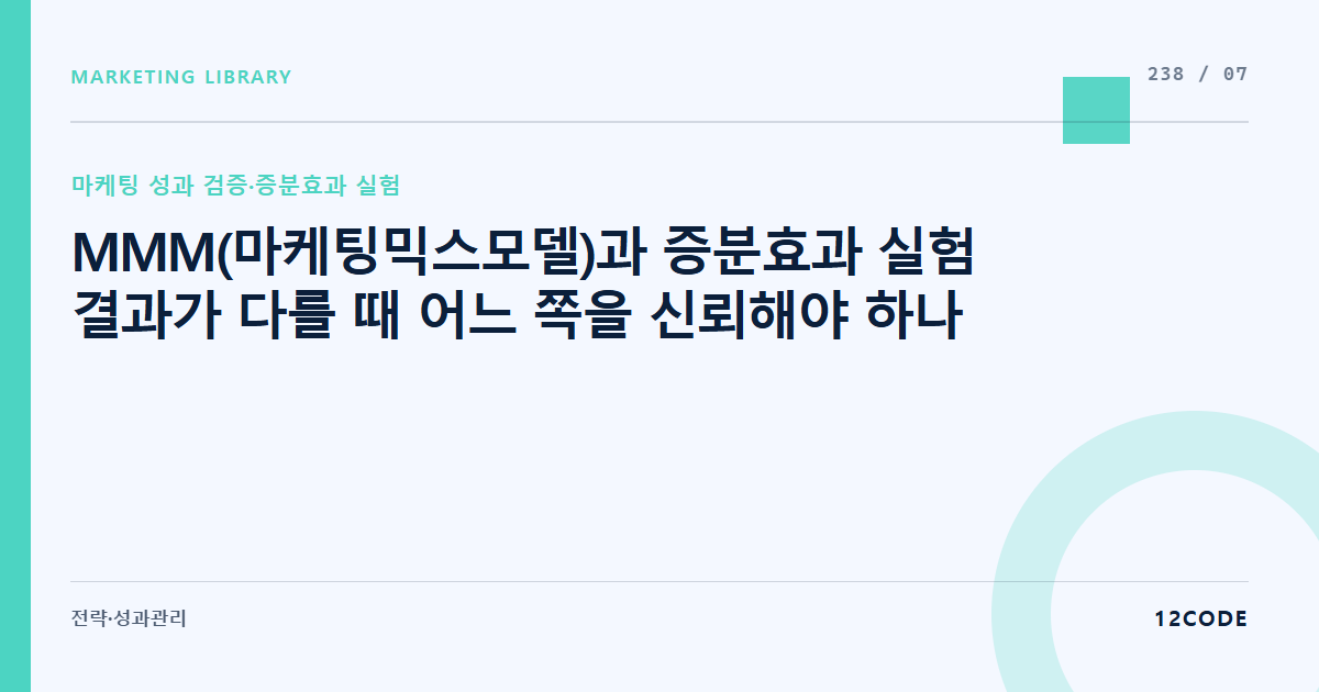 12code 라이브러리 아티클 표지. MMM(마케팅믹스모델)과 증분효과 실험 결과가 다를 때 어느 쪽을 신뢰해야 하나