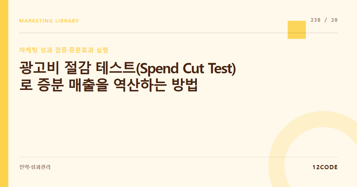 12code 라이브러리 아티클 표지. 광고비 절감 테스트(Spend Cut Test)로 증분 매출을 역산하는 방법