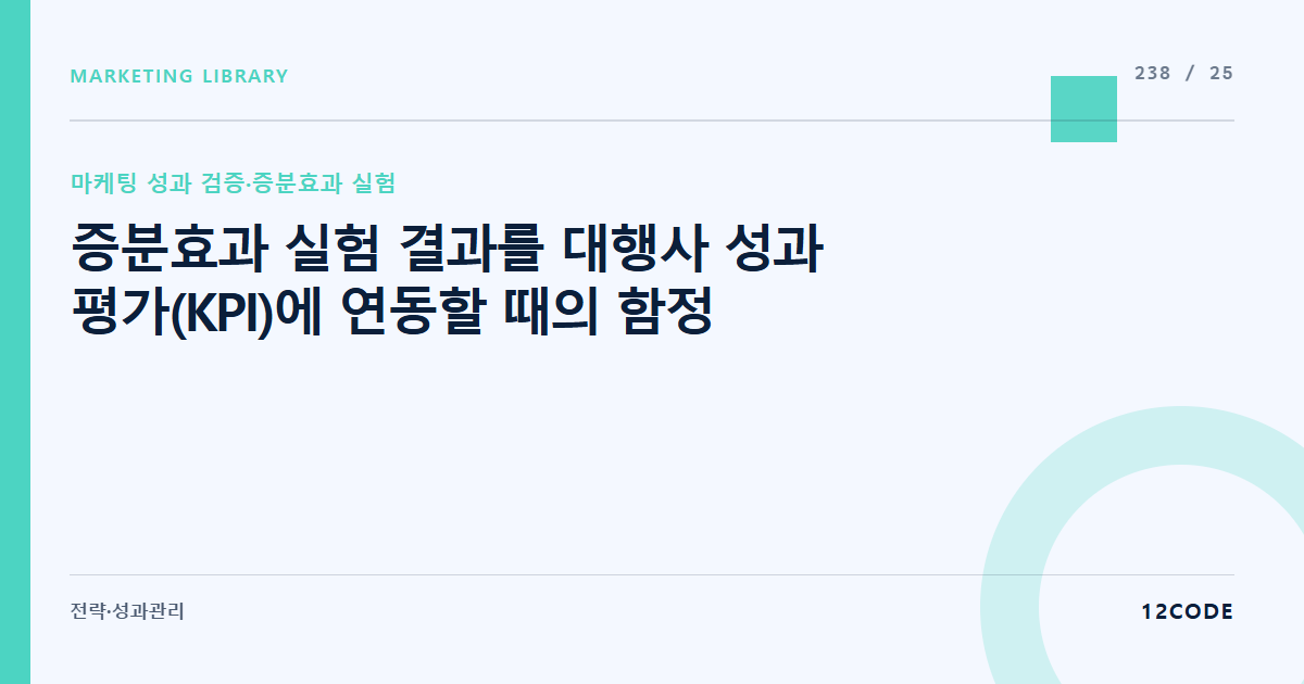 12code 라이브러리 아티클 표지. 증분효과 실험 결과를 대행사 성과 평가(KPI)에 연동할 때의 함정