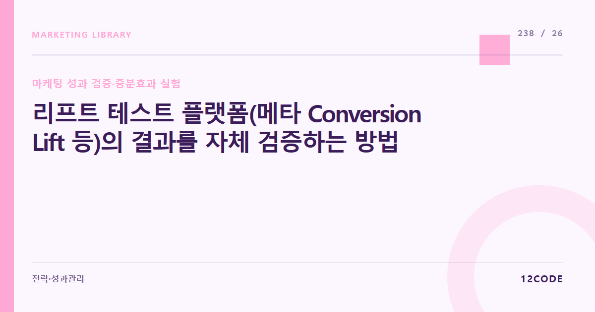 12code 라이브러리 아티클 표지. 리프트 테스트 플랫폼(메타 Conversion Lift 등)의 결과를 자체 검증하는 방법
