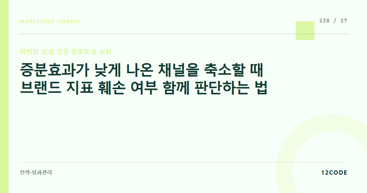 12code 라이브러리 아티클 표지. 증분효과가 낮게 나온 채널을 축소할 때 브랜드 지표 훼손 여부 함께 판단하는 법