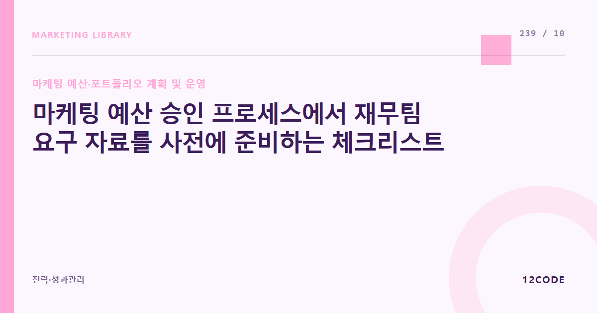 12code 라이브러리 아티클 표지. 마케팅 예산 승인 프로세스에서 재무팀 요구 자료를 사전에 준비하는 체크리스트