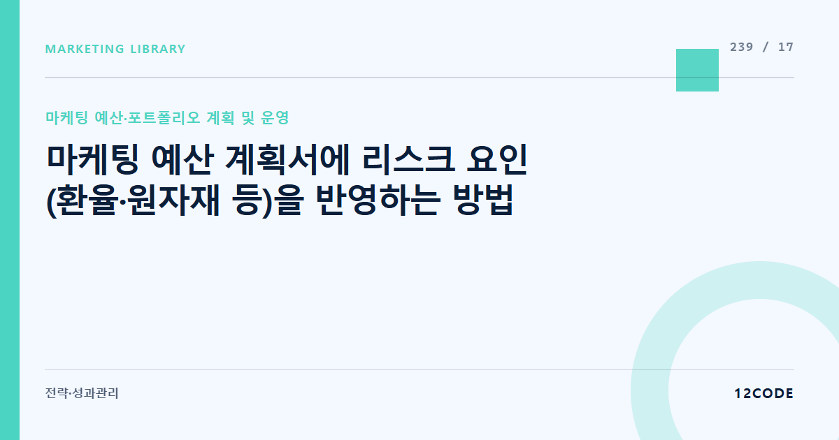12code 라이브러리 아티클 표지. 마케팅 예산 계획서에 리스크 요인(환율·원자재 등)을 반영하는 방법