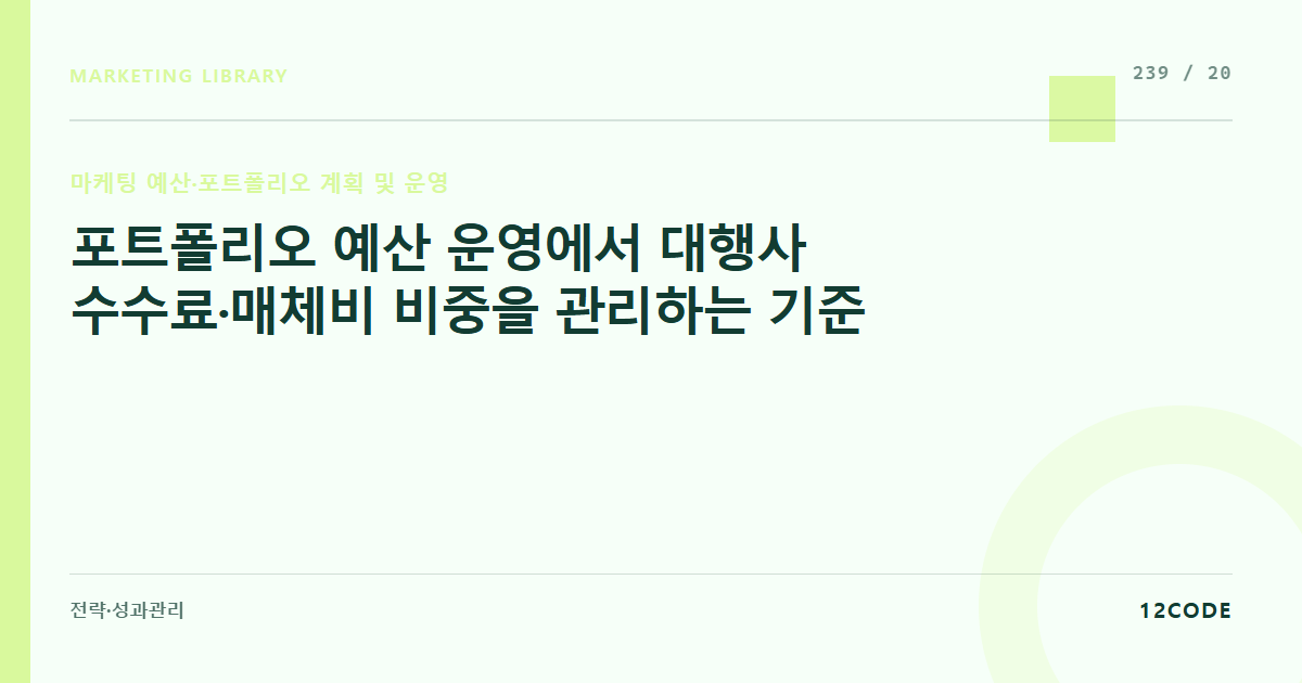 12code 라이브러리 아티클 표지. 포트폴리오 예산 운영에서 대행사 수수료·매체비 비중을 관리하는 기준