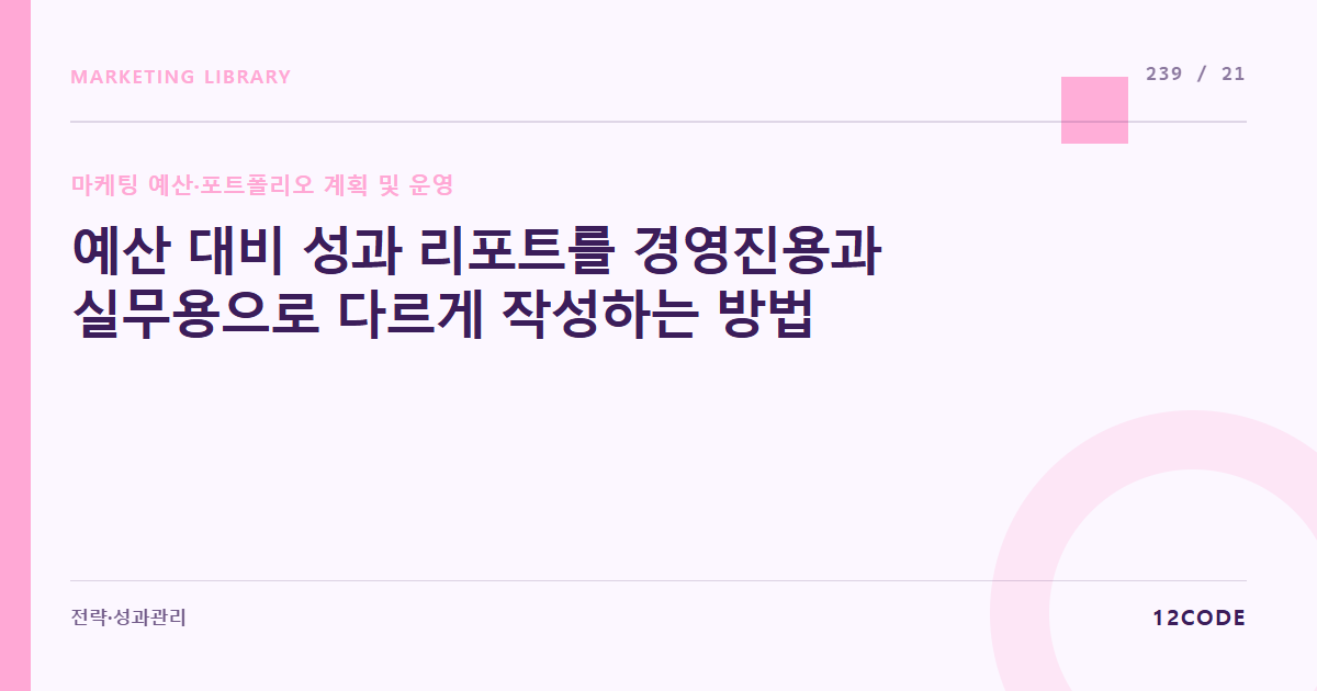 12code 라이브러리 아티클 표지. 예산 대비 성과 리포트를 경영진용과 실무용으로 다르게 작성하는 방법