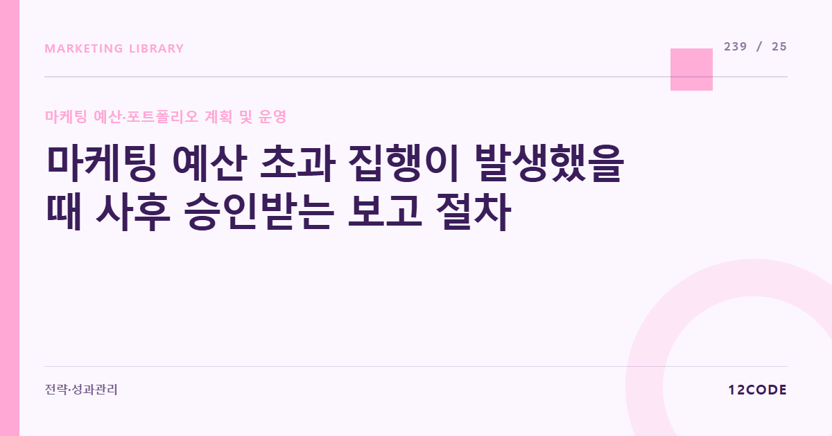 12code 라이브러리 아티클 표지. 마케팅 예산 초과 집행이 발생했을 때 사후 승인받는 보고 절차